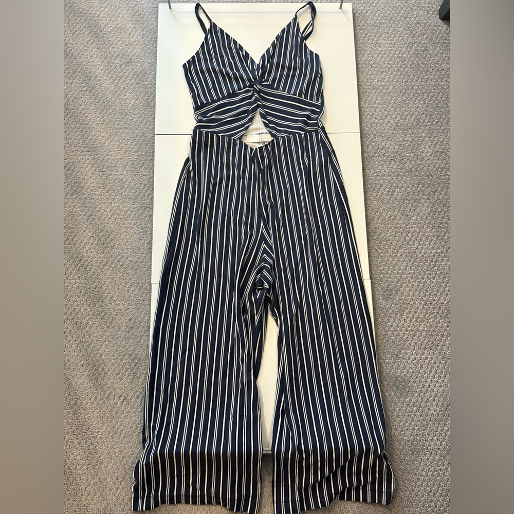 Hollister Blue and White Striped Jumpsuit with Sweetheart Neckline